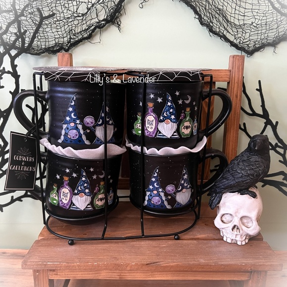 Cobwebs & Cauldrons Halloween Gnome Mugs with Caddy